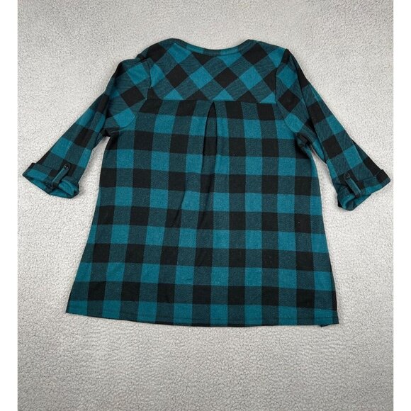 Catherines Women's Top Blouse 0X 14/16W Teal Black 3/4 Roll Tab Pullover - Picture 3 of 10